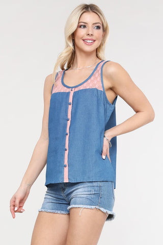 Denim Button Down Floral Crop Top Top Dark Navy  - Pack of 6