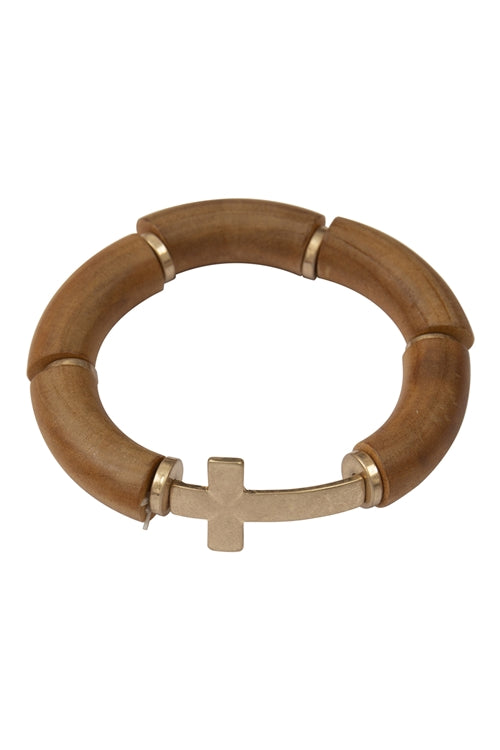 Tubular Wood Bead Cross Stretch Bracelet Brown - Pack of 6