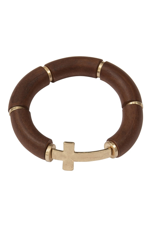 Tubular Wood Bead Cross Stretch Bracelet Dark Brown - Pack of 6