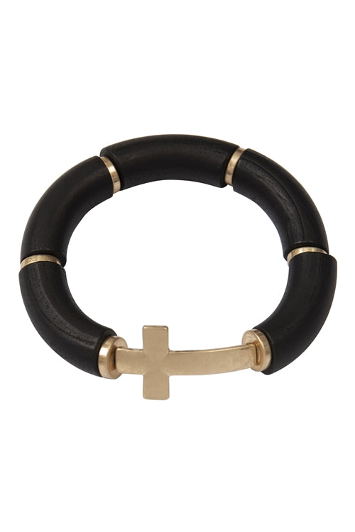 Tubular Wood Bead Cross Stretch Bracelet Black - Pack of 6
