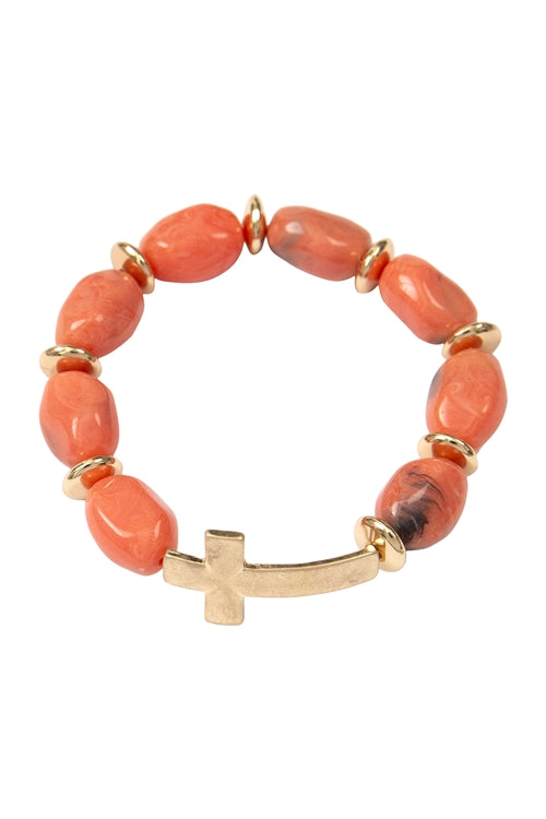 Cross Natural Stone Beaded Stretch Bracelet Coral - Pack of 6