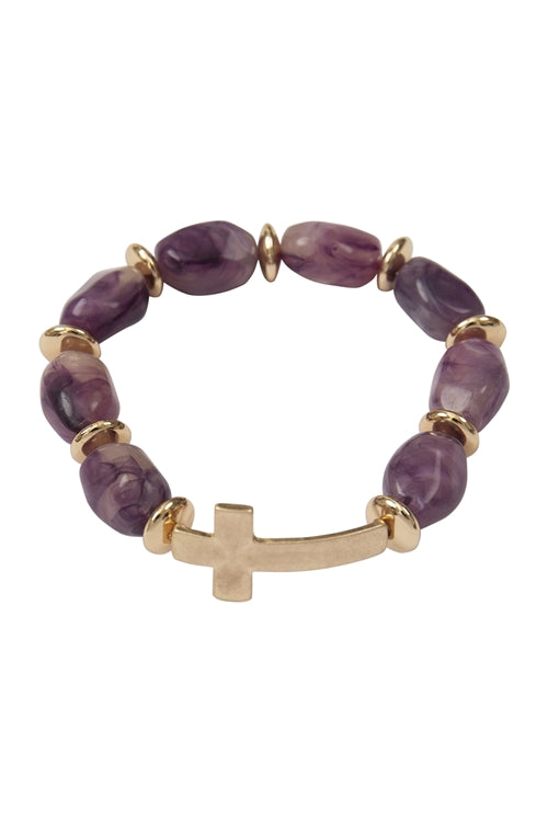 Cross Natural Stone Beaded Stretch Bracelet Purple - Pack of 6