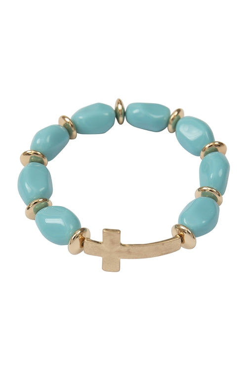 Cross Natural Stone Beaded Stretch Bracelet Turquoise - Pack of 6