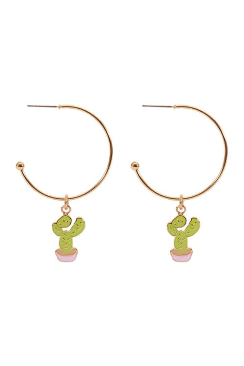 Metal Epoxy Cactus Hoop Round Earrings - Pack of 6