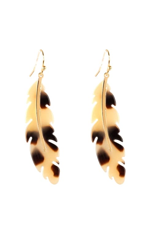 Acetate Metal Feather Fish Hook Earrings Tortoise Beige - Pack of 6