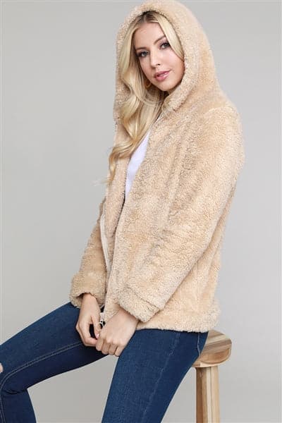 Faux Fur Teddy Bear Zip Up Hoodie Jacket Taupe - Pack of 6