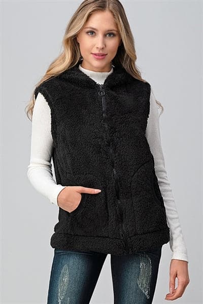 Faux Fur Teddy Bear Zip Up Hoodie Vest Black - Pack of 6