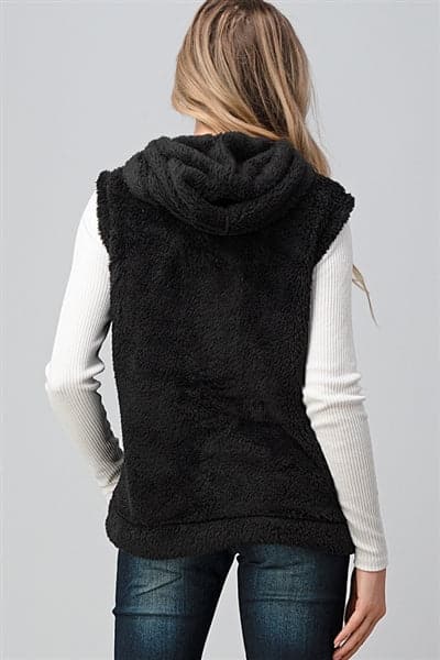 Faux Fur Teddy Bear Zip Up Hoodie Vest Black - Pack of 6