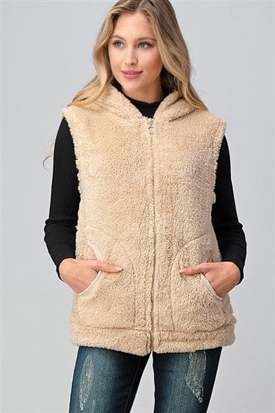 Faux Fur Teddy Bear Zip Up Hoodie Vest Cream - Pack of 6