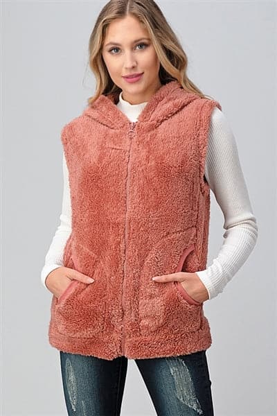 Faux Fur Teddy Bear Zip Up Hoodie Vest Mauve - Pack of 6