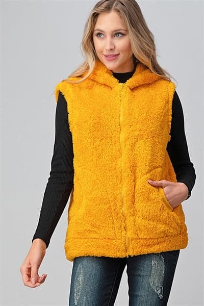 Faux Fur Teddy Bear Zip Up Hoodie Vest Mustard - Pack of 6