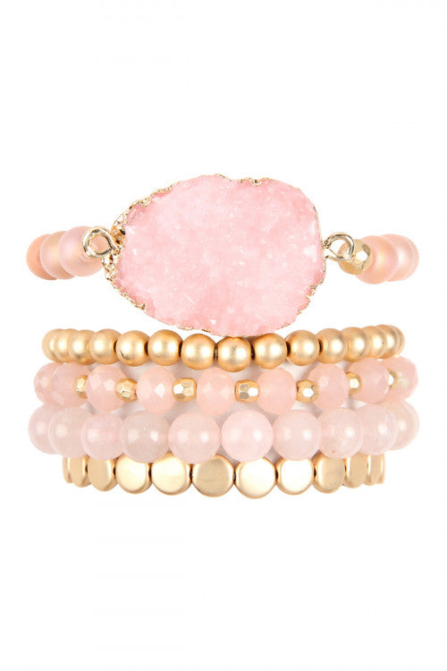 Pink Druzy Charm Mixed Bracelet Set - Pack of 6