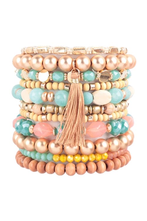 Mix Beads Wood CCB Stackable Versatile Charm Bracelet Set Light Multicolor - Pack of 6