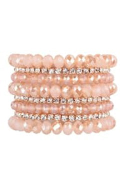Rondelle, Rhinestone Beads Stackable Bracelet Set Pink - Pack of 6