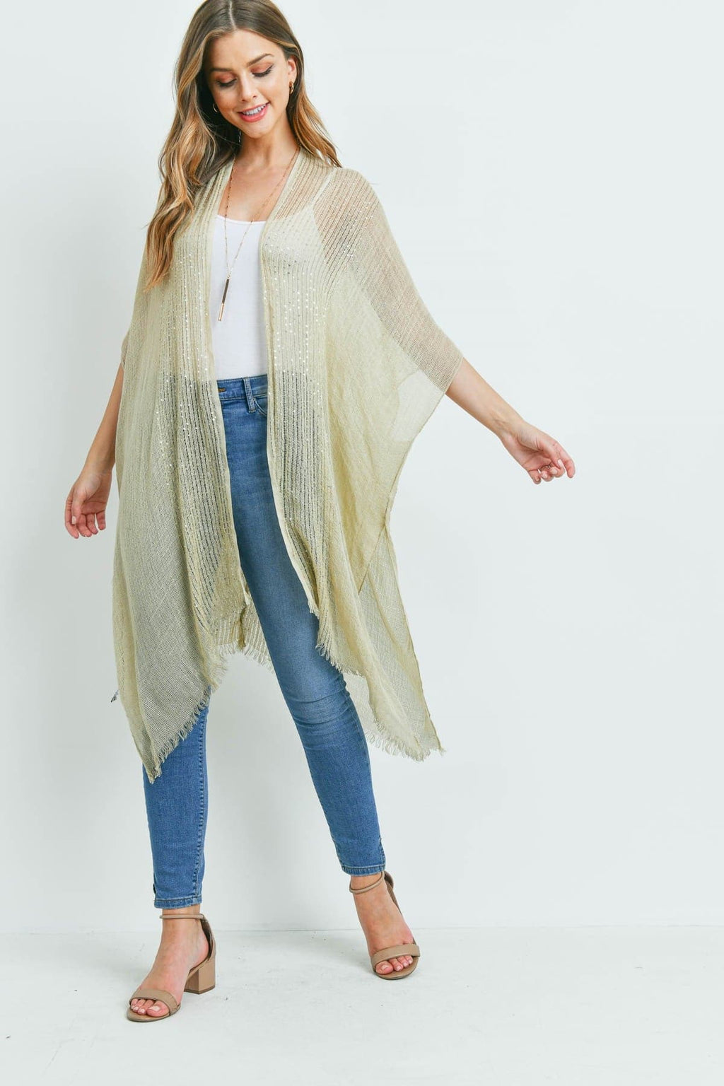 Beige Glittered Fringed Open Cardigan - Pack of 6