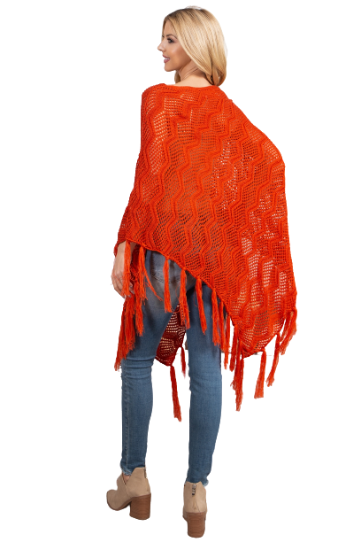 Knitted Net Wave Pattern Fringe Tassel Poncho Brick - Pack of 6