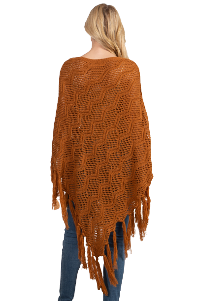Knitted Net Wave Pattern Fringe Tassel Poncho Camel - Pack of 6