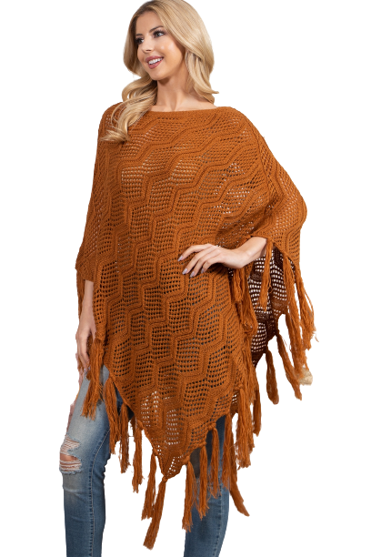 Knitted Net Wave Pattern Fringe Tassel Poncho Camel - Pack of 6