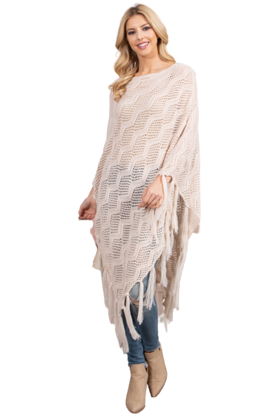 Knitted Net Wave Pattern Fringe Tassel Poncho Ivory - Pack of 6