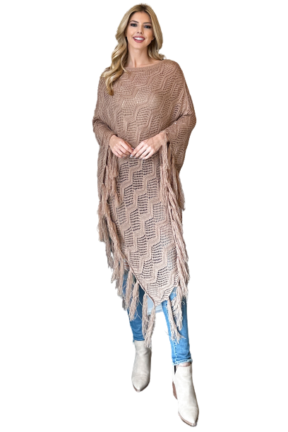 Knitted Net Wave Pattern Fringe Tassel Poncho Khaki - Pack of 6