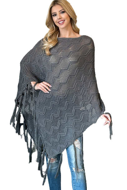 Knitted Net Wave Pattern Fringe Tassel Poncho Light Gray - Pack of 6