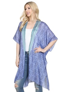 Leaf Print Inline Boho Open Front Kimono Turquoise - Pack of 6