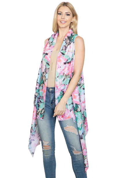 Flower Print Open Front Kimono Vest Black - Pack of 6