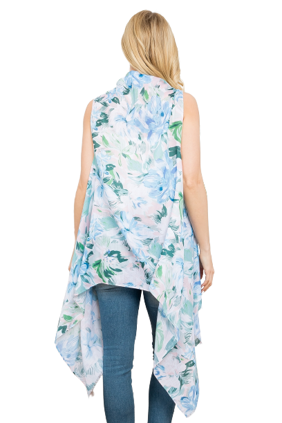 Flower Print Open Front Kimono Vest Blue - Pack of 6