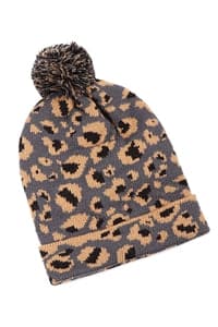 Leopard Knitted Pompom Beanie Gray - Pack of 6