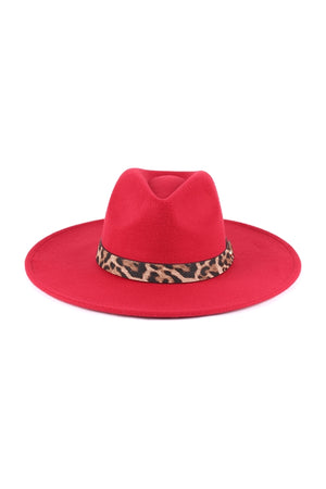 Felt Fashion Brim Hat With Leopard Accent Burgundy - Pack of 6