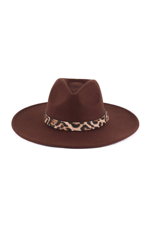 Felt Fashion Brim Hat With Leopard Accent Dark Brown - Pack of 6