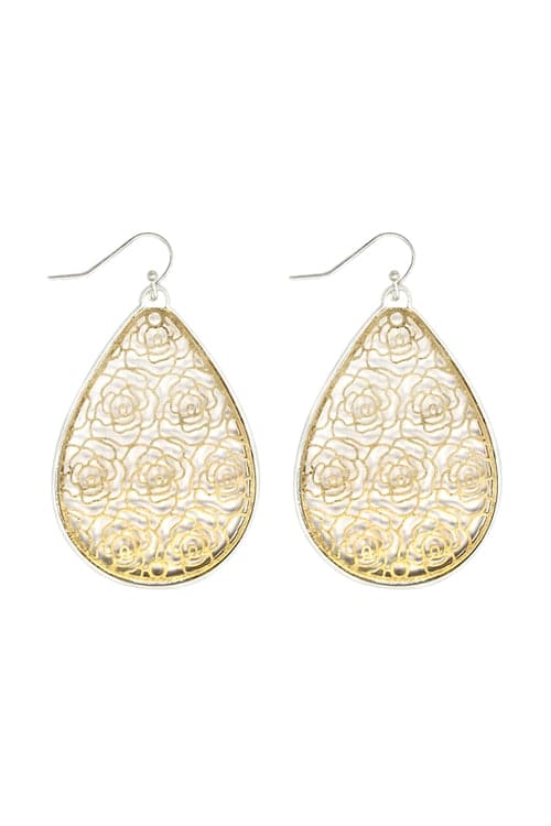 Rose Filigree Teardrop Hook Earrings Matte Silver Matte Gold - Pack of 6