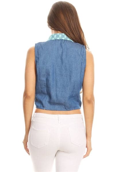 Solid Denim Sleeveless Button Down Crop Top Blue Mint - Pack of 6