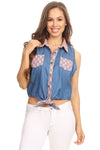 Solid Denim Sleeveless Button Down Crop Top Blue Pink - Pack of 6