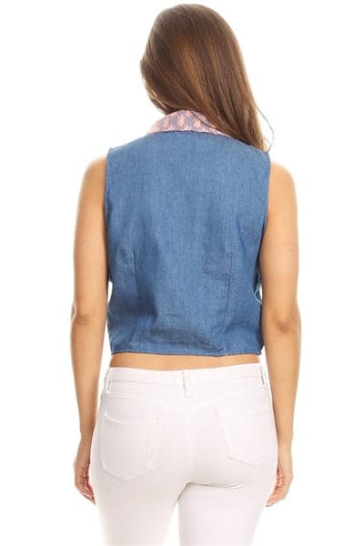 Solid Denim Sleeveless Button Down Crop Top Blue Pink - Pack of 6