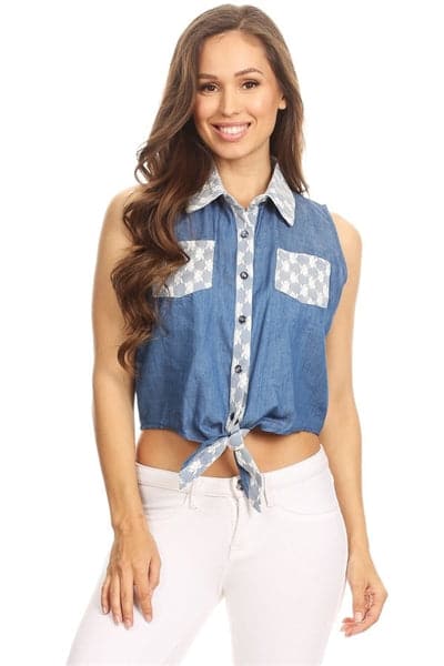 Solid Denim Sleeveless Button Down Crop Top Blue White - Pack of 6