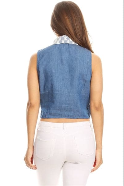 Solid Denim Sleeveless Button Down Crop Top Blue White - Pack of 6