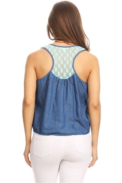 Women Lace-Back Chambray Denim Top Blue MInt - Pack of 6