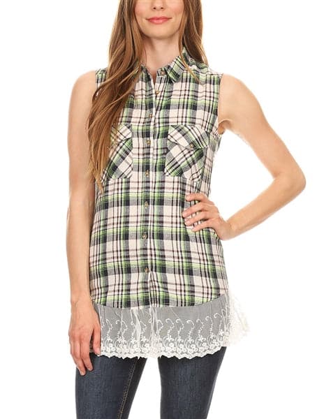Plaid Front Pocket Laced-Hem Top Green - Pack of 6