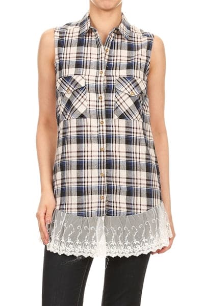 Plaid Front Pocket Laced-Hem Top Navy - Pack of 6