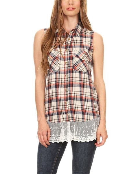 Plaid Front Pocket Laced-Hem Top Orange - Pack of 6