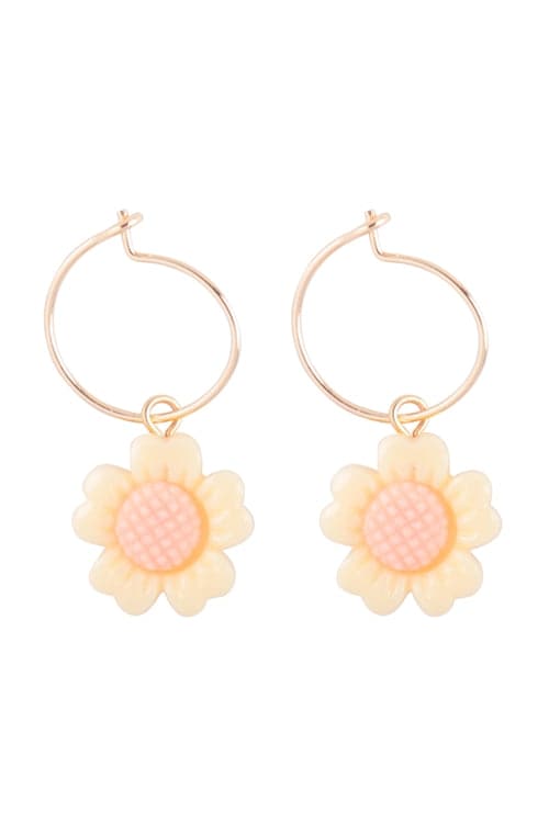 Flower Charm Hoop Brass Earrings Gold Peach - Pack of 6