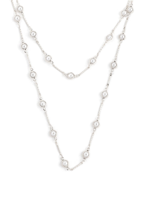 40" Pearl Station Layered Long Necklace Silver Cream - Pack of 6