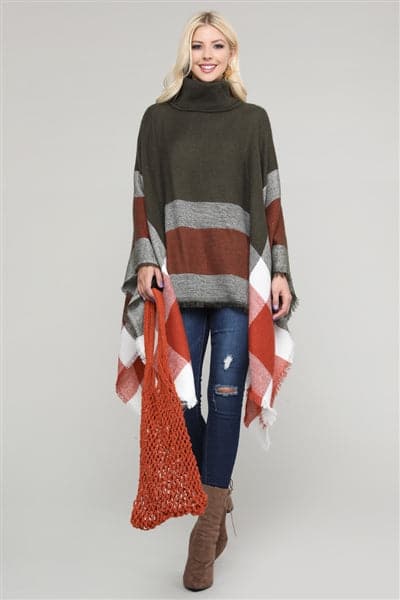 Women Pull Over Color-Blocked Poncho Olive Pack of