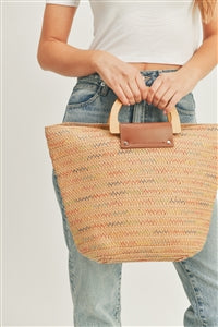 Straw Tote Bag With Wooden Handle Taupe - Pack of 6
