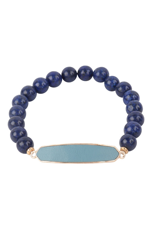 Natural Stone With Leather Accent Bracelet Navy - Pack of 6