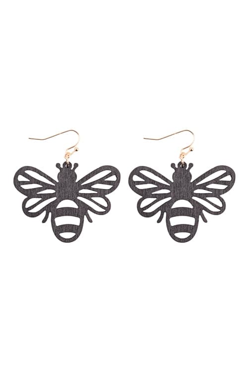 Bee Wood Filigree Dangle Fish Hook Earrings Black - Pack of 6