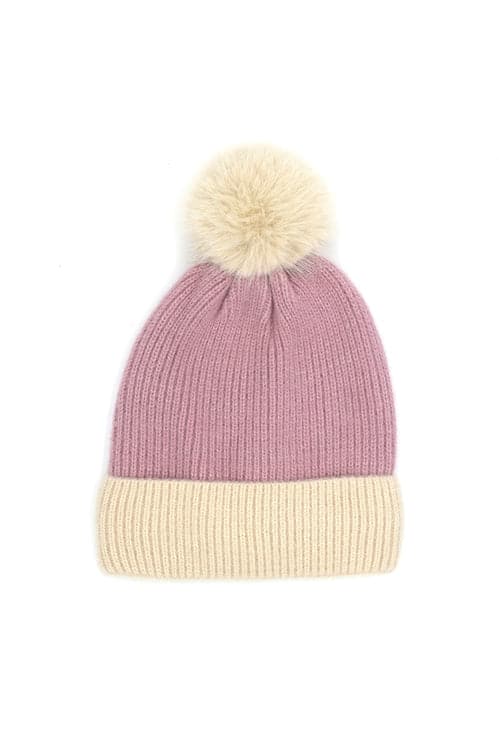 Two Tone Knit Pompom Beanie Pink - Pack of 6