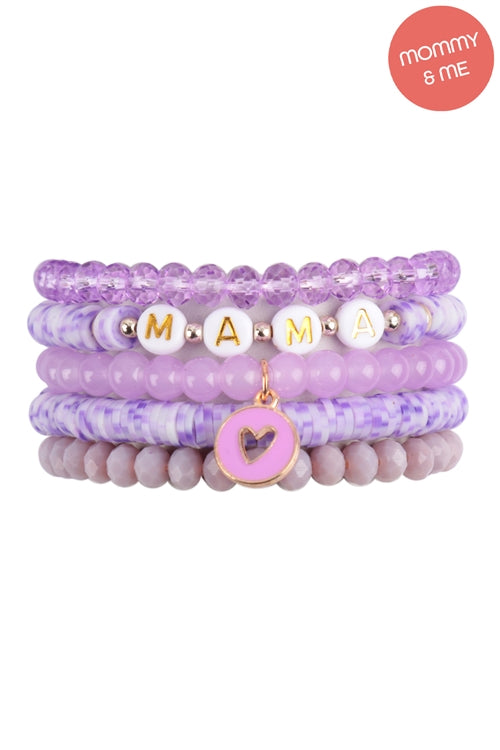 "Mama" & "Me" FIMO Glass Beads With Heart Pendant Stackable Bracelet Set Lavender - Pack of 12