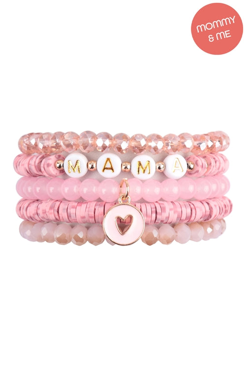 "Mama" & "Me" FIMO Glass Beads With Heart Pendant Stackable Bracelet Set Pink - Pack of 12